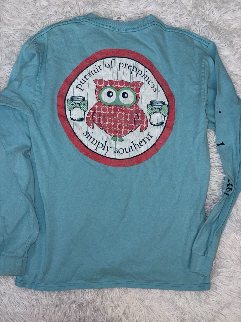 Simply Southern Women’s M Blue Long Sleeved Owl Design Classic Tee. **Nt Desc**